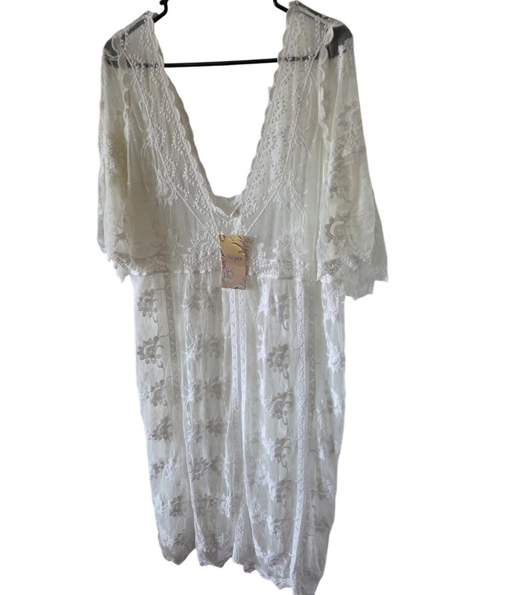 NEW White Lace Pullover Bathing Suit Cover-Up Dress Deep V Crochet